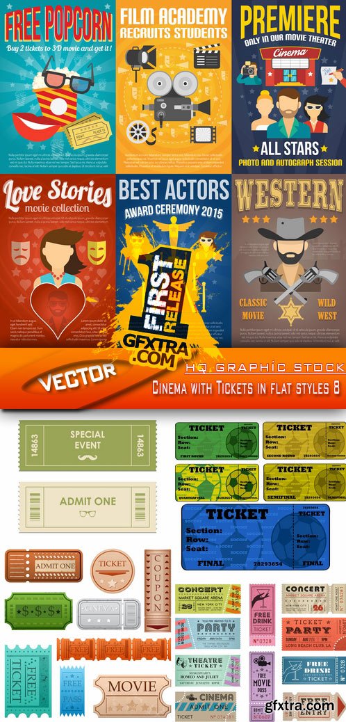 Stock Vector - Cinema with Tickets in flat styles 8