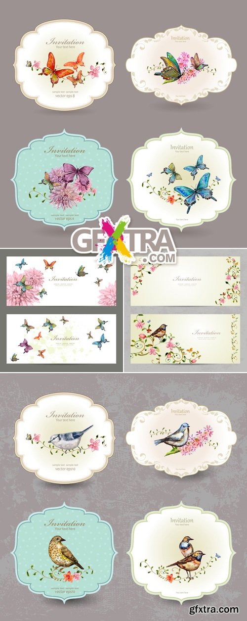 Cute Cards with Birds & Butterflies Vector