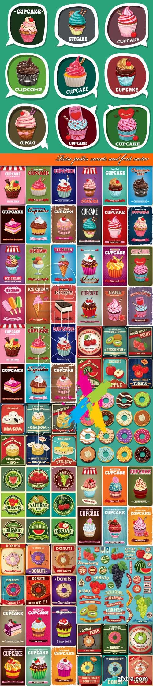 Retro poster sweets and fruit vector