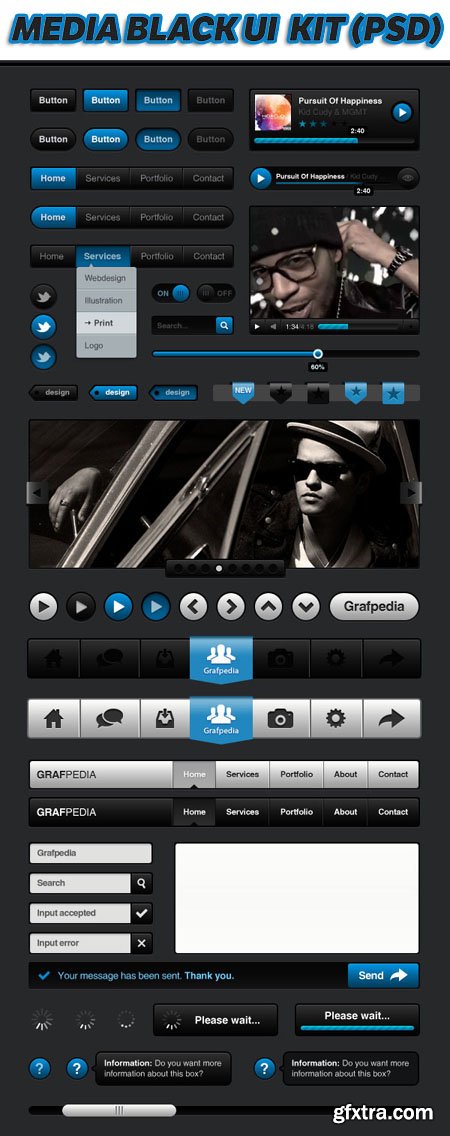 Media Black UI Kit PSD