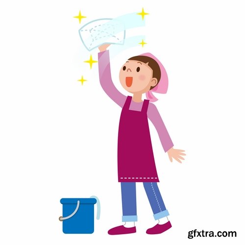 Collection of vector picture cartoon girl makes cleaning clean wash 25 EPS