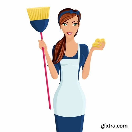 Collection of vector picture cartoon girl makes cleaning clean wash 25 EPS