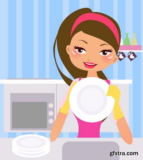 Collection of vector picture cartoon girl makes cleaning clean wash 25 EPS