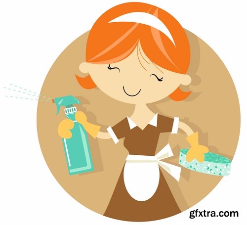 Collection of vector picture cartoon girl makes cleaning clean wash 25 EPS