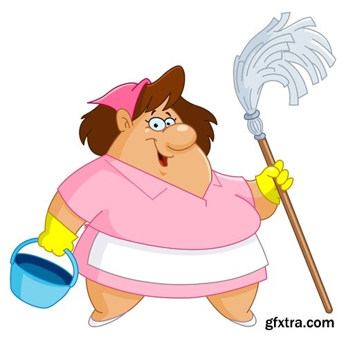 Collection of vector picture cartoon girl makes cleaning clean wash 25 EPS