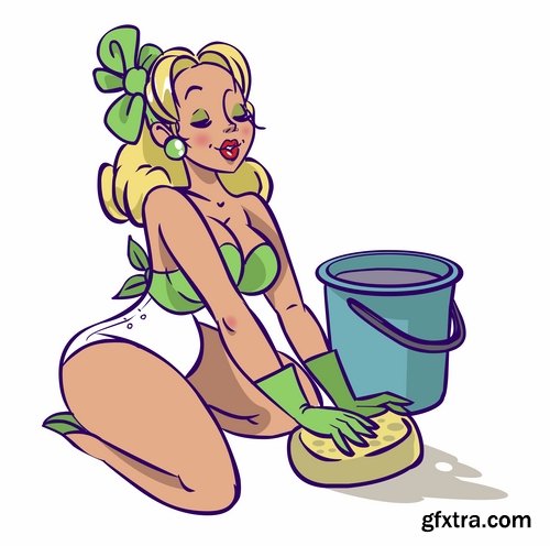 Collection of vector picture cartoon girl makes cleaning clean wash 25 EPS