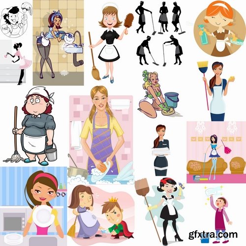 Collection of vector picture cartoon girl makes cleaning clean wash 25 EPS