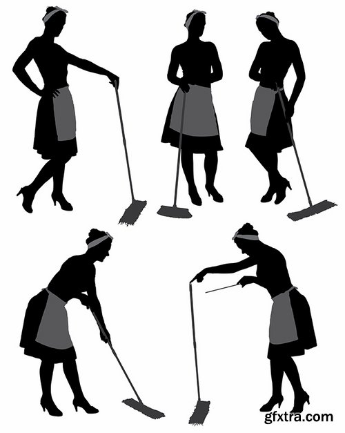 Collection of vector picture cartoon girl makes cleaning clean wash 25 EPS