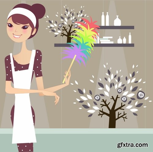 Collection of vector picture cartoon girl makes cleaning clean wash 25 EPS