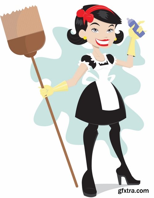 Collection of vector picture cartoon girl makes cleaning clean wash 25 EPS