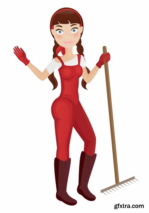 Collection of vector picture cartoon girl makes cleaning clean wash 25 EPS