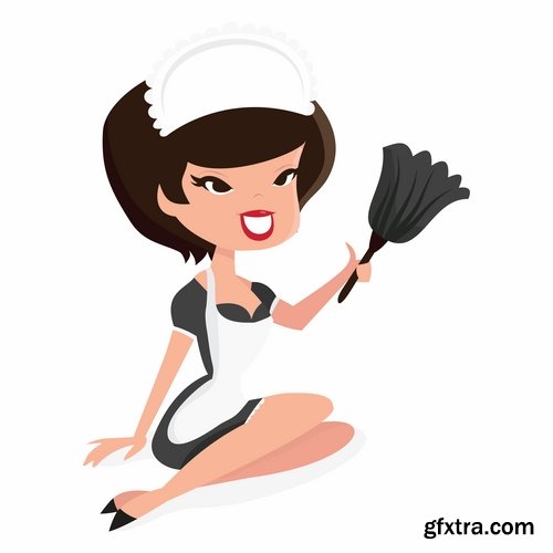 Collection of vector picture cartoon girl makes cleaning clean wash 25 EPS