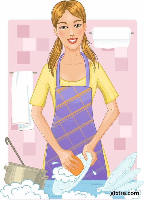 Collection of vector picture cartoon girl makes cleaning clean wash 25 EPS