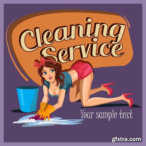 Collection of vector picture cartoon girl makes cleaning clean wash 25 EPS