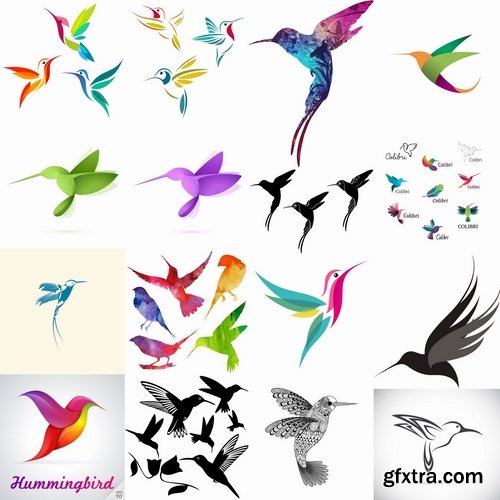 Collection of vector image bird hummingbird icon abstract wing 25 EPS