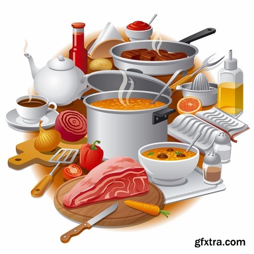 Collection of vector illustration picture painted icon different food items #2-25 Eps