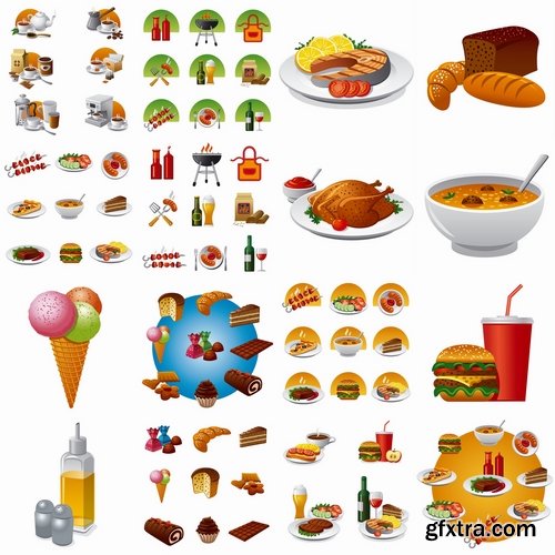 Collection of vector illustration picture painted icon different food items #2-25 Eps