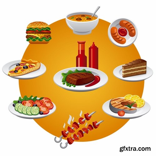 Collection of vector illustration picture painted icon different food items #2-25 Eps