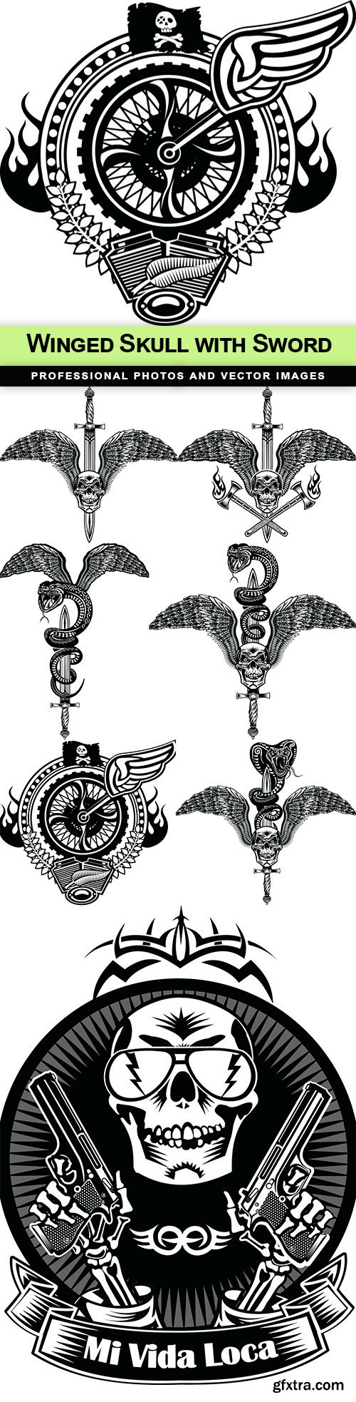 Winged Skull with Sword - 7 EPS