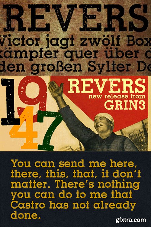 Revers - Rough, Grunge Slab Serif Letterpress Fonts 4xOTF $46