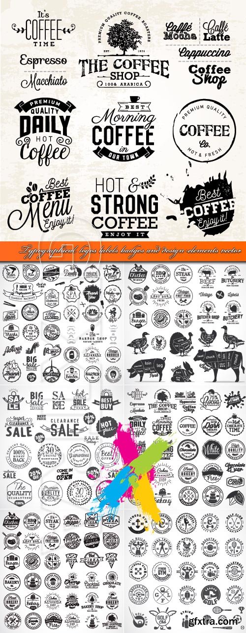 Typographical logos labels badges and design elements vector