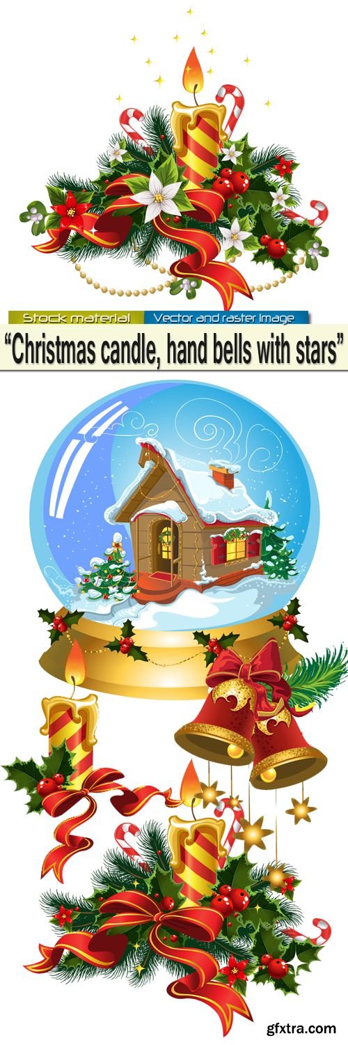 Christmas candle and hand bells with stars