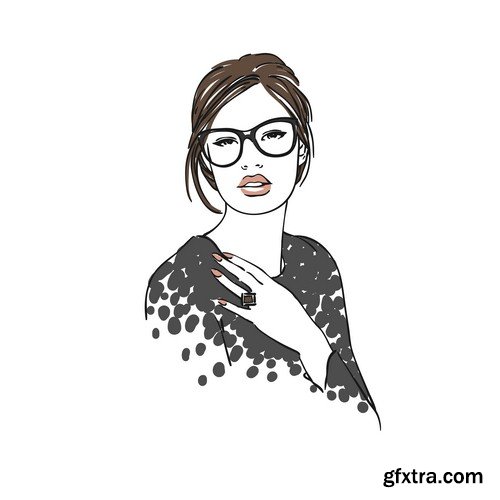 Black and white illustration of fashion women