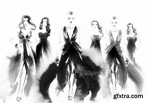 Black and white illustration of fashion women