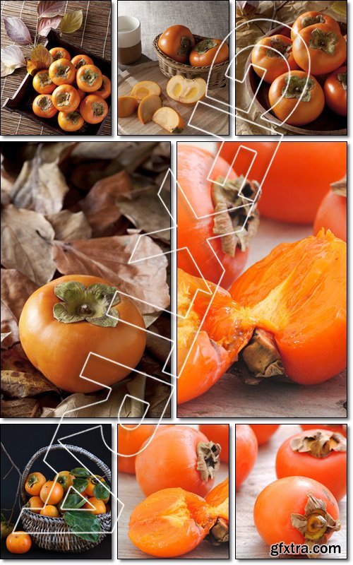 Persimmon fruits. Fuyu, Persimmons fruits hall and halves on rustic white wood background.Winter fruit - Stock photo