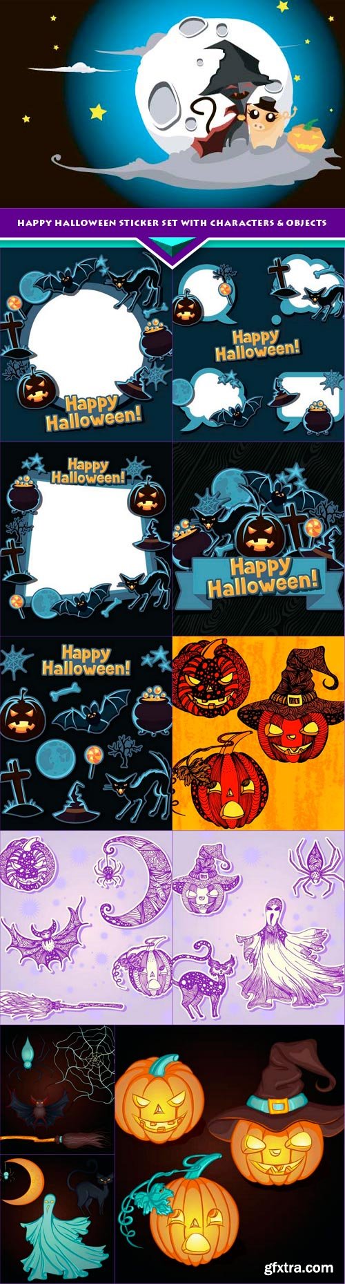 Happy Halloween sticker set with characters &amp; objects 12x EPS