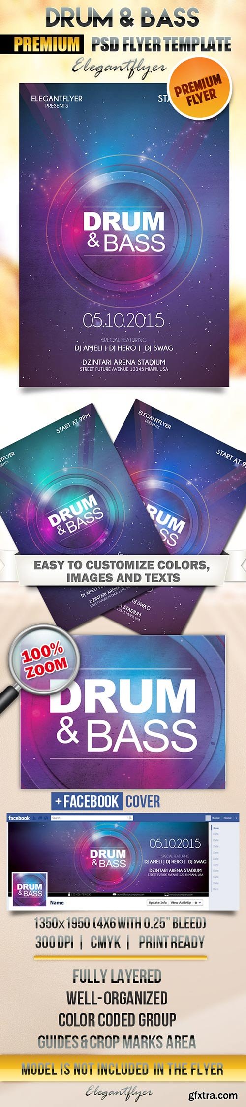 Drum Bass Flyer PSD Template + Facebook Cover