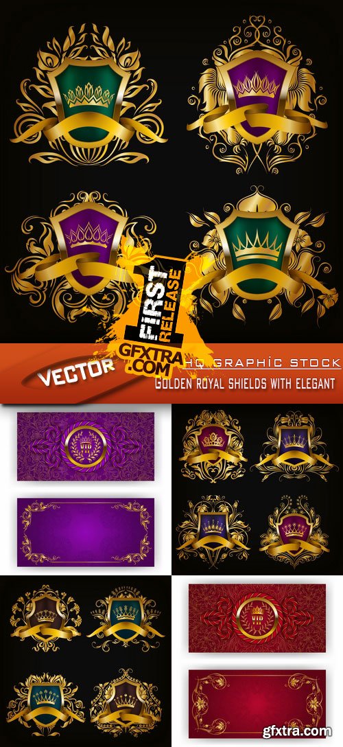 Stock Vector - Golden royal shields with elegant