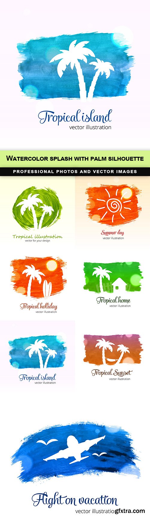 Watercolor splash with palm silhouette - 7 EPS