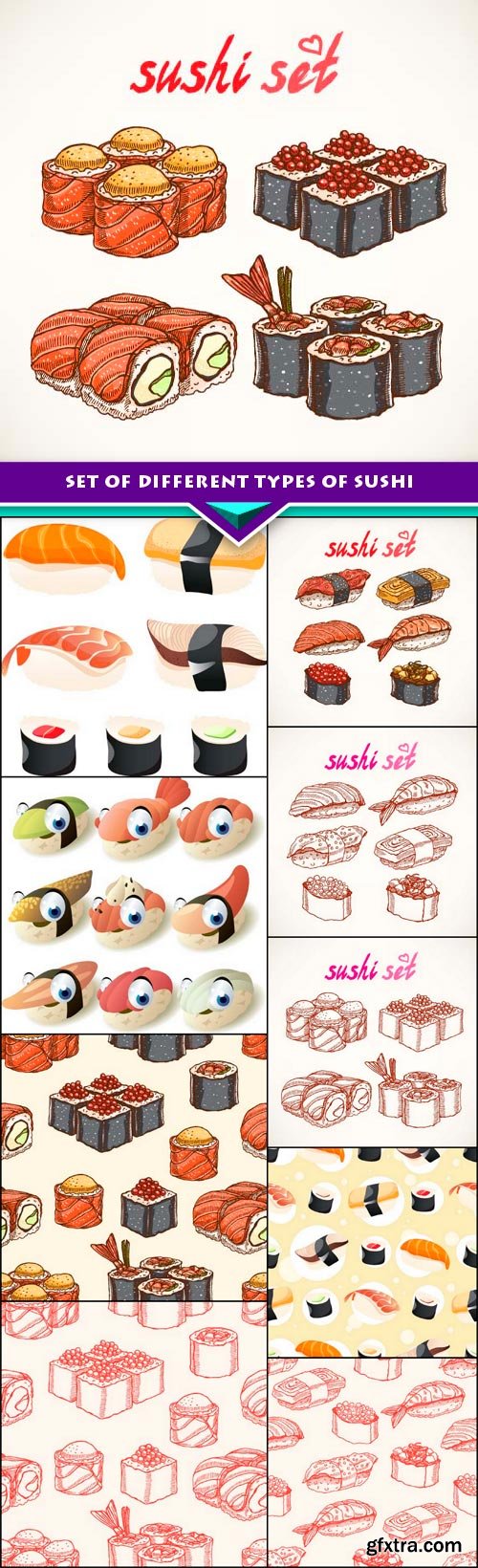 Set of different types of sushi 10x EPS