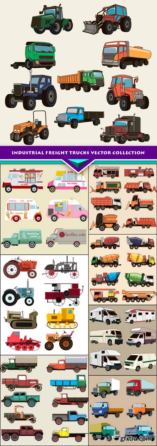 Industrial freight trucks vector collection 8x EPS