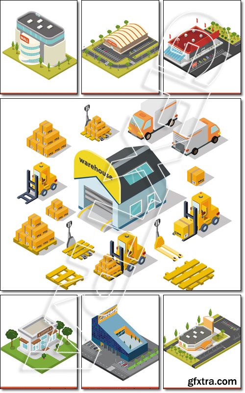 Flat 3d isometric modern glass cinema building block infographic concept. Entertainment theater with parking - Vector