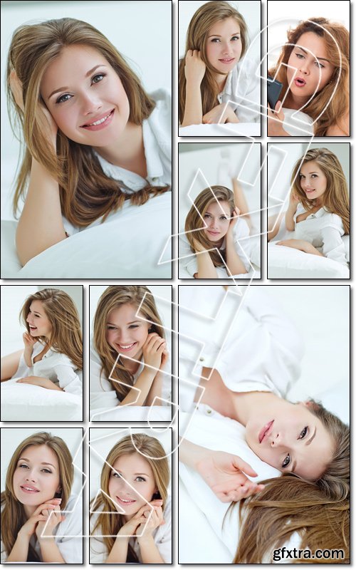 A woman lying at the end of the bed underneath the quilt and smiling, with her head resting upon her hand with the other in her hair - Stock photo