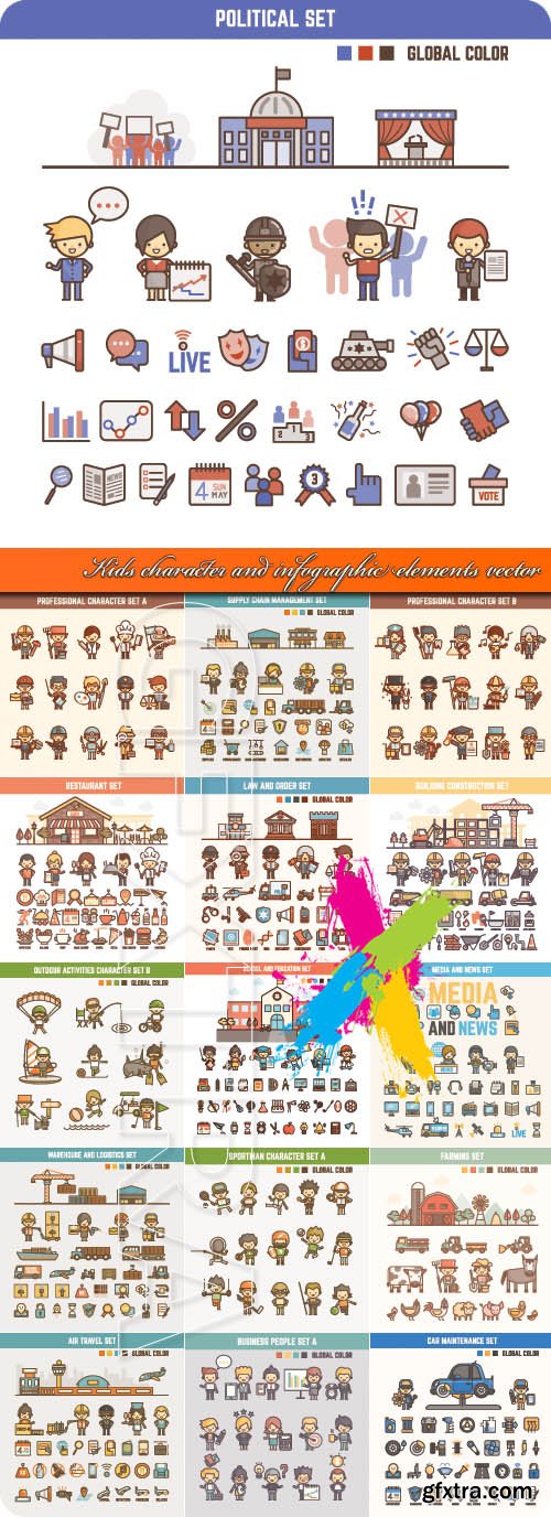 Kids character and infographic elements vector