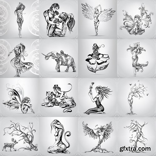 Collection of abstract vector image girl with animal-drawn tattoo 25 EPS