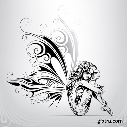 Collection of abstract vector image girl with animal-drawn tattoo 25 EPS