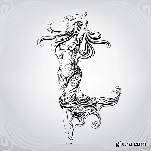 Collection of abstract vector image girl with animal-drawn tattoo 25 EPS