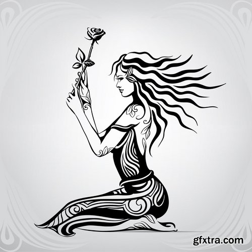 Collection of abstract vector image girl with animal-drawn tattoo 25 EPS