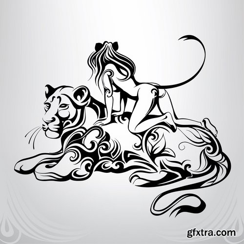 Collection of abstract vector image girl with animal-drawn tattoo 25 EPS