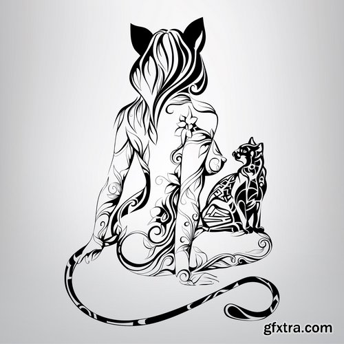 Collection of abstract vector image girl with animal-drawn tattoo 25 EPS