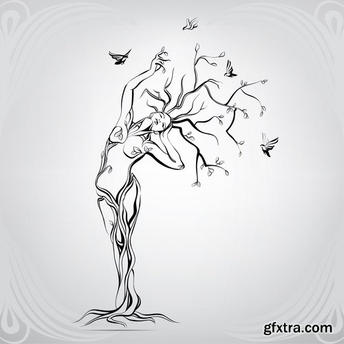 Collection of abstract vector image girl with animal-drawn tattoo 25 EPS