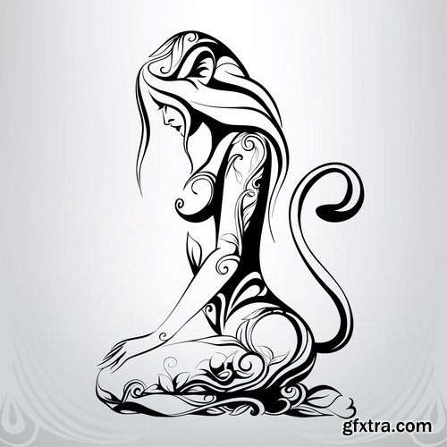 Collection of abstract vector image girl with animal-drawn tattoo 25 EPS