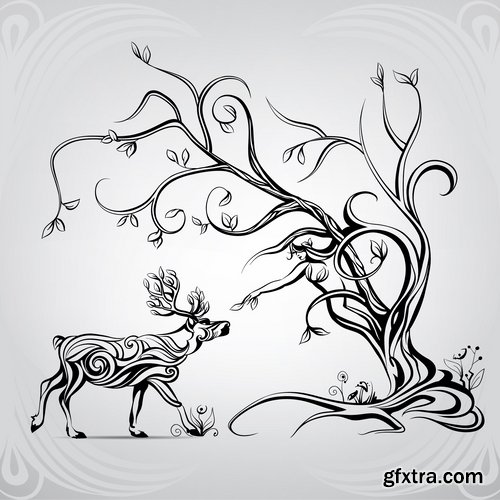 Collection of abstract vector image girl with animal-drawn tattoo 25 EPS