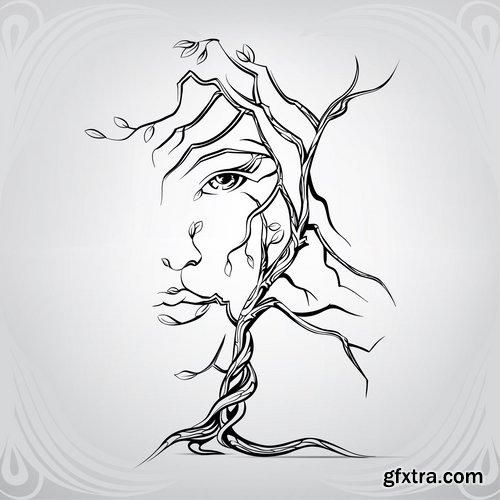 Collection of abstract vector image girl with animal-drawn tattoo 25 EPS