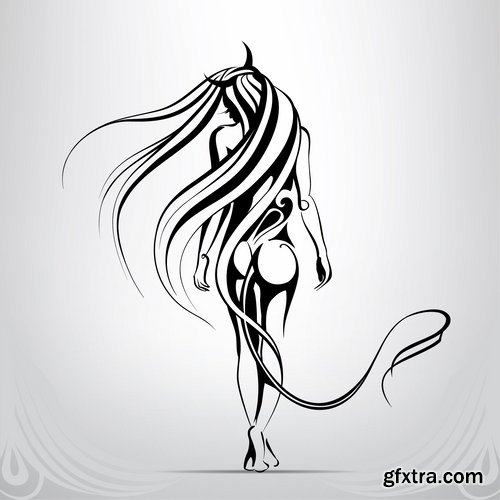 Collection of abstract vector image girl with animal-drawn tattoo 25 EPS