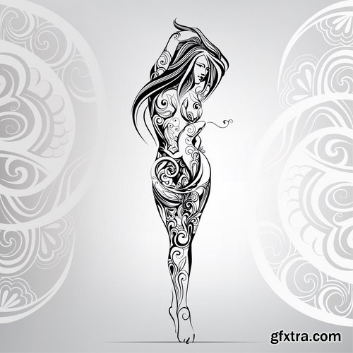 Collection of abstract vector image girl with animal-drawn tattoo 25 EPS